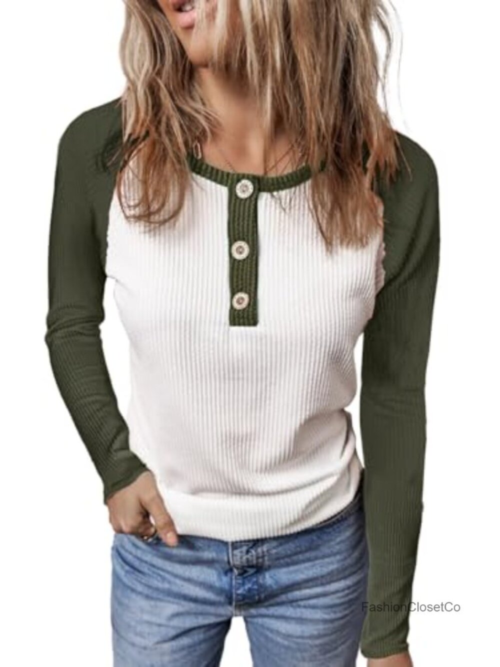 Raglan Long Sleeve Crew Neck Tunic Henley Top Color Block Cotton Buttons